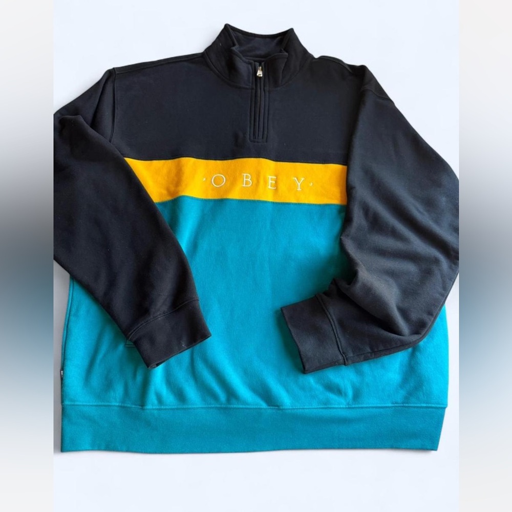 Obey Men's Black and Teal Zip-Up Sweater with Yellow Accent
